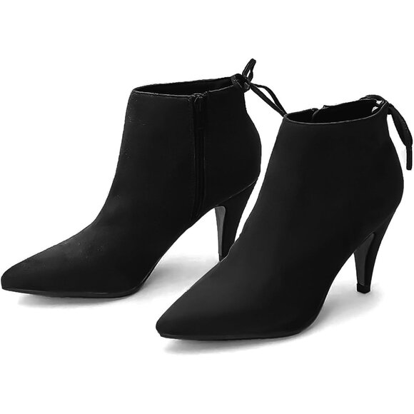 Women's Pointed Toe Heel Ankle Booties Kitten Stiletto Bowtie Strappy Boot Black - Picture 1 of 8